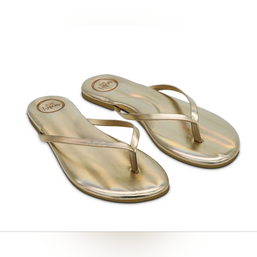 NWT Solei Sea Indie Sandals 6 Metallic Gold Flip Flop Slip On Revolve Thong